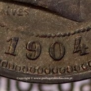 5 réis 1904 bronze D. Carlos I, variante esfera haste algarismo "9" menos retificada , (BC+), World Coins Portugal KM 530