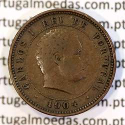 5 réis 1904 bronze D. Carlos I, variante esfera haste algarismo "9" menos retificada , (BC+), World Coins Portugal KM 530
