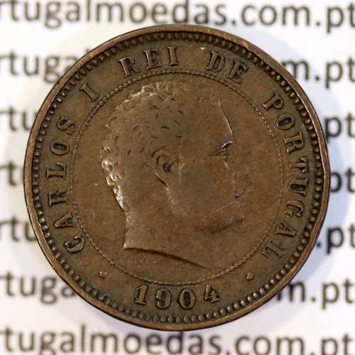5 réis 1904 bronze D. Carlos I, variante esfera haste algarismo "9" menos retificada , (BC+), World Coins Portugal KM 530