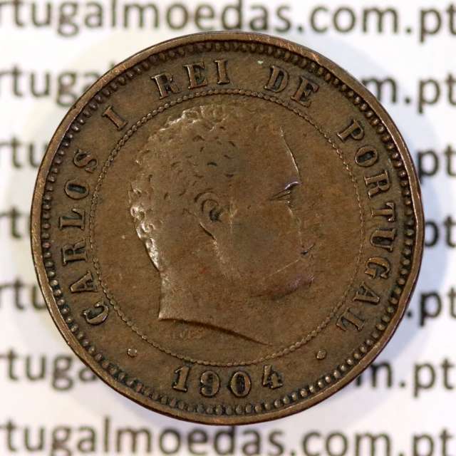 5 réis 1904 bronze D. Carlos I, variante esfera haste algarismo "9" menos retificada , (BC+), World Coins Portugal KM 530