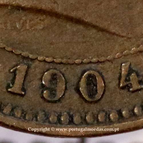Portugal bronze coin of 5 reis 1904 of King Carlos I, variant sphere stem number "9" less rectified,  World Coins KM 530