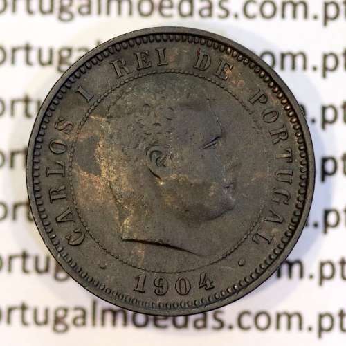 5 réis 1904 bronze D. Carlos I, variante esfera algarismo "9" retificada angulo  90º, (BC+), World Coins Portugal KM 530