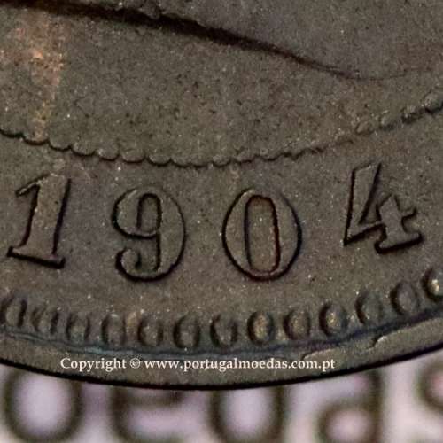 Portugal bronze coin of 5 reis 1904 of King Carlos I, variant sphere numeral "9" rectified angle 90º, World Coins KM 530