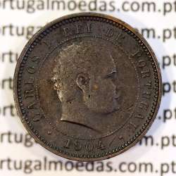 5 réis 1904 bronze D. Carlos I, variante esfera algarismo "9" retificada angulo  90º, (BC+), World Coins Portugal KM 530