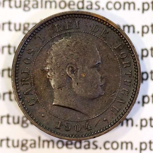 5 réis 1904 bronze D. Carlos I, variante esfera algarismo "9" retificada angulo  90º, (BC+), World Coins Portugal KM 530