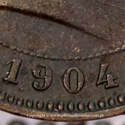 5 réis 1904 bronze D. Carlos I, variante esfera algarismo "9" retificada angulo  90º, (BC+), World Coins Portugal KM 530