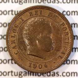 5 reis 1904 bronze D. Carlos I, variant with numbers "1+9+0" retouched in the coin matrix, World Coins Portugal KM 530