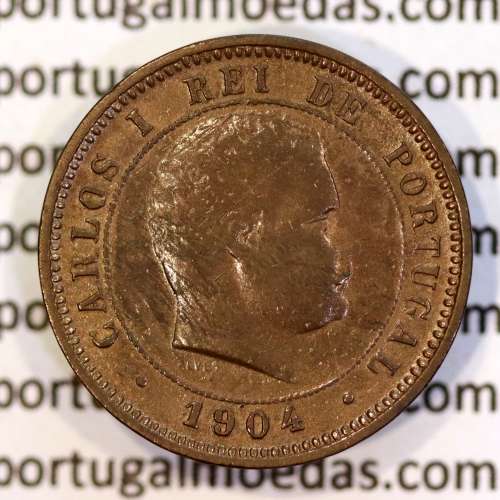 5 réis 1904 bronze D. Carlos I, variante com algarismos "1+9+0" retocados no cunho, (BC+), World Coins Portugal KM 530