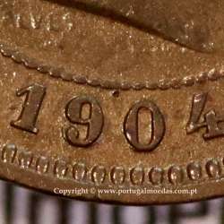 5 reis 1904 bronze D. Carlos I, variant with numbers "1+9+0" retouched in the coin matrix, World Coins Portugal KM 530
