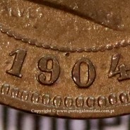 5 reis 1904 bronze D. Carlos I, variant with numbers "1+9+0" retouched in the coin matrix, World Coins Portugal KM 530