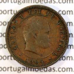 Portugal bronze coin of 5 reis 1904 of King Carlos I, variant sphere stem number "9" less rectified,  World Coins KM 530