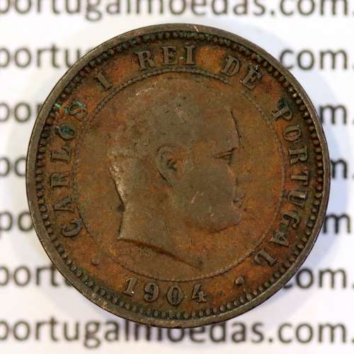 5 réis 1904 bronze D. Carlos I, variante esfera haste algarismo "9" menos retificada , (BC+), World Coins Portugal KM 530