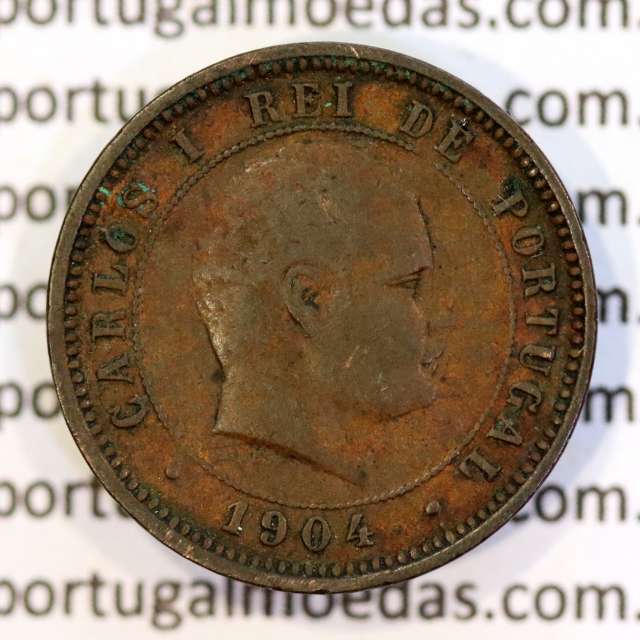 5 réis 1904 bronze D. Carlos I, variante esfera haste algarismo "9" menos retificada , (BC+), World Coins Portugal KM 530