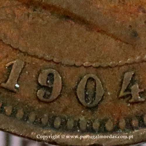 5 réis 1904 bronze D. Carlos I, variante esfera haste algarismo "9" menos retificada , (BC+), World Coins Portugal KM 530