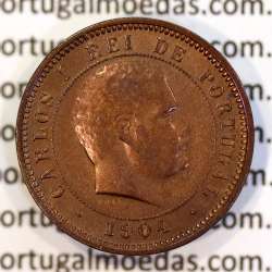 5 reis 1904 bronze D. Carlos I, variant with numbers "1+9+0" retouched in the coin matrix, World Coins Portugal KM 530