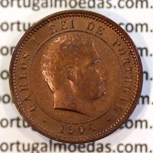 5 réis 1904 bronze D. Carlos I, variante com algarismos "1+9+0" retocados no cunho, (BC+), World Coins Portugal KM 530