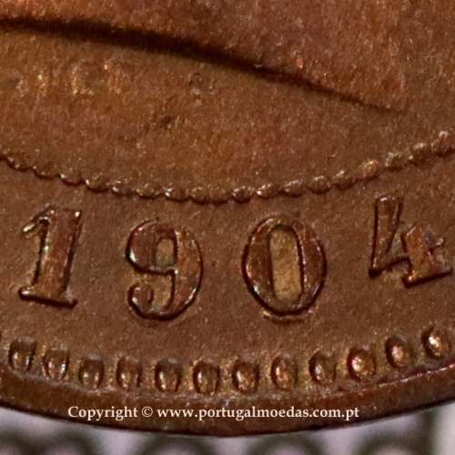 5 reis 1904 bronze D. Carlos I, variant with numbers "1+9+0" retouched in the coin matrix, World Coins Portugal KM 530