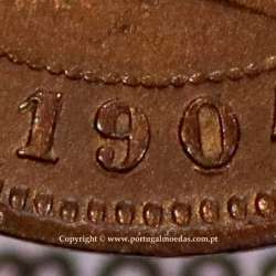 5 reis 1904 bronze D. Carlos I, variant with numbers "1+9+0" retouched in the coin matrix, World Coins Portugal KM 530