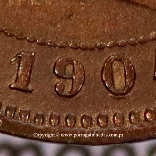 5 réis 1904 bronze D. Carlos I, variante com algarismos "1+9+0" retocados no cunho, (BC+), World Coins Portugal KM 530