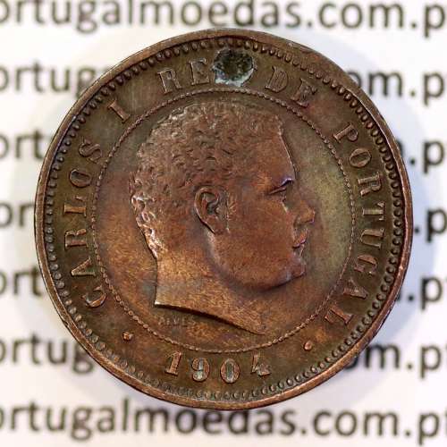 5 réis 1904 bronze D. Carlos I, variante esfera haste algarismo "9" menos retificada , (BC), World Coins Portugal KM 530