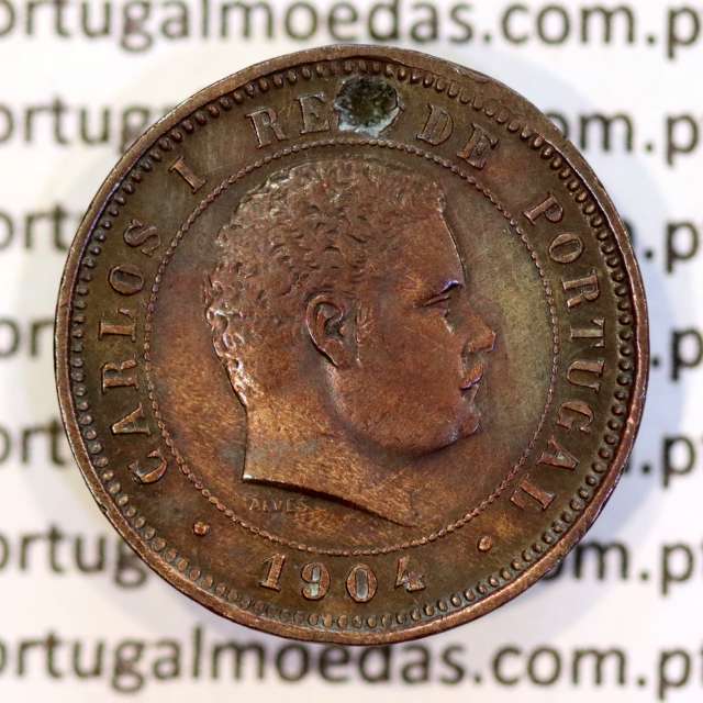 5 réis 1904 bronze D. Carlos I, variante esfera haste algarismo "9" menos retificada , (BC), World Coins Portugal KM 530