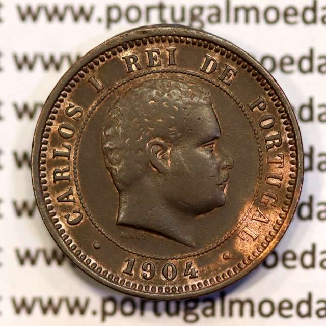 5 réis 1904 bronze D. Carlos I, variante com algarismos "1+9+0" retocados no cunho, (BC+), World Coins Portugal KM 530