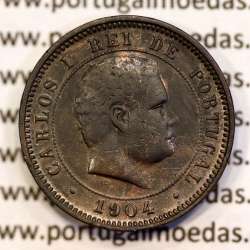 5 réis 1904 bronze D. Carlos I, variante esfera algarismo "9" retificada angulo  90º, (BC), World Coins Portugal KM 530