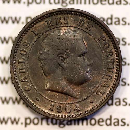 5 réis 1904 bronze D. Carlos I, variante esfera algarismo "9" retificada angulo  90º, (BC), World Coins Portugal KM 530