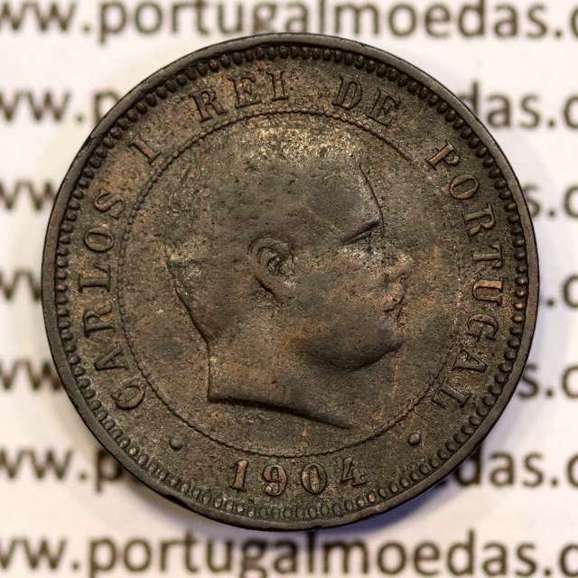 5 réis 1904 bronze D. Carlos I, variante esfera haste algarismo "9" menos retificada , (BC), World Coins Portugal KM 530