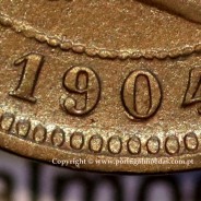 5 reis 1904 bronze D. Carlos I, variant with numbers "1+9+0" retouched in the coin matrix, World Coins Portugal KM 530
