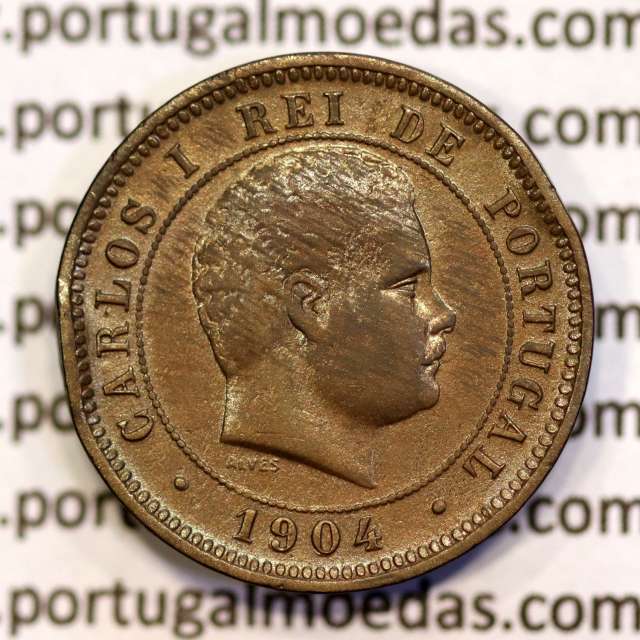 5 réis 1904 bronze D. Carlos I, variante com algarismos "1+9+0" retocados no cunho, (BC+), World Coins Portugal KM 530