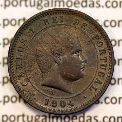 5 reis 1904 bronze D. Carlos I, variant with numbers "1+9+0" retouched in the coin matrix, World Coins Portugal KM 530