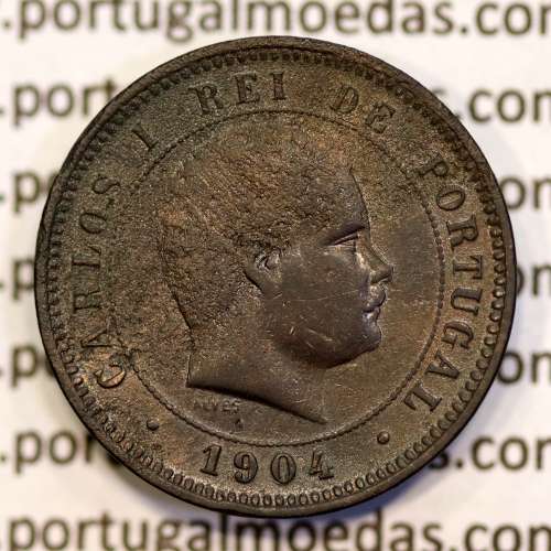 5 réis 1904 bronze D. Carlos I, variante com algarismos "1+9+0" retocados no cunho, (BC-/REG), World Coins Portugal KM 530