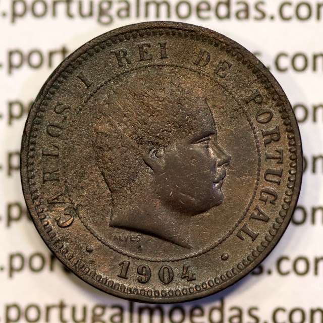 5 reis 1904 bronze D. Carlos I, variant with numbers "1+9+0" retouched in the coin matrix, World Coins Portugal KM 530