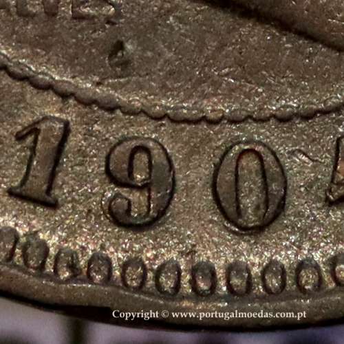 5 reis 1904 bronze D. Carlos I, variant with numbers "1+9+0" retouched in the coin matrix, World Coins Portugal KM 530