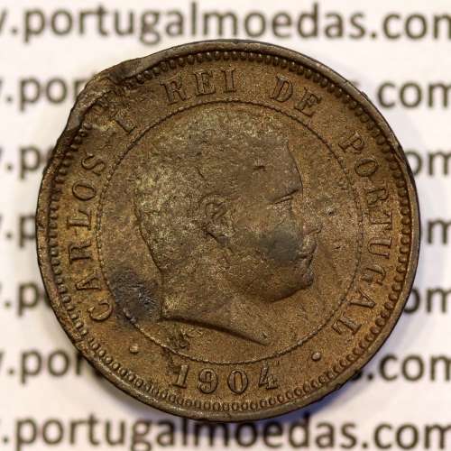 5 réis 1904 bronze D. Carlos I, variante com algarismos "1+9+0" retocados no cunho, (BC-/REG), World Coins Portugal KM 530