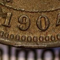 5 réis 1904 bronze D. Carlos I, variante com algarismos "1+9+0" retocados no cunho, (BC-/REG), World Coins Portugal KM 530