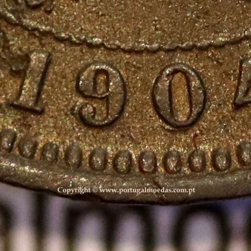 5 réis 1904 bronze D. Carlos I, variante com algarismos "1+9+0" retocados no cunho, (BC-/REG), World Coins Portugal KM 530
