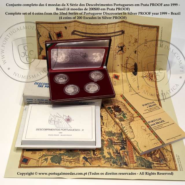 X Série dos descobrimentos em Prata PROOF ano 1999, 4 moedas 200$00 Prata, "Brasil, O Mundo Novo", World Coins Portugal KM PS40