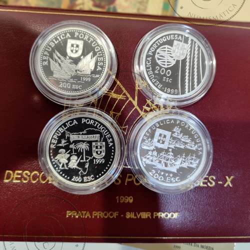 10th Portuguese Discoveries Series in Silver PROOF year 1999, 4 coins 200$00 "Brasil, The New World", World Coins KM PS40