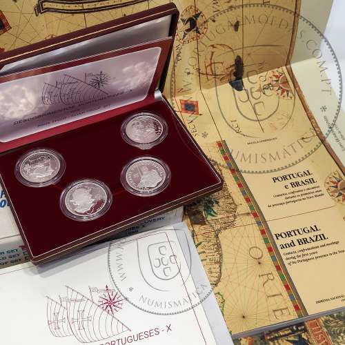 X Série dos descobrimentos em Prata PROOF ano 1999, 4 moedas 200$00 Prata, "Brasil, O Mundo Novo", World Coins Portugal KM PS40