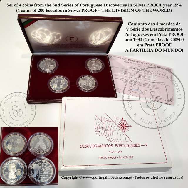 V Série dos descobrimentos em Prata PROOF 1994, 4 moedas 200$00 Prata 925%, "A Partilha do Mundo", World Coins Portugal KM PS20