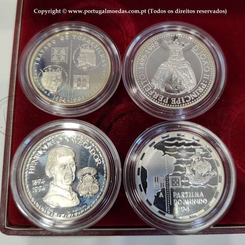 V Série dos descobrimentos em Prata PROOF 1994, 4 moedas 200$00 Prata 925%, "A Partilha do Mundo", World Coins Portugal KM PS20