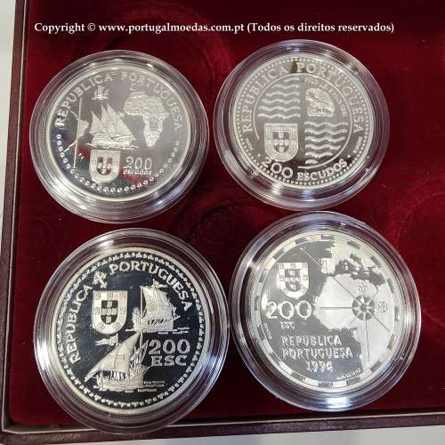 V Série dos descobrimentos em Prata PROOF 1994, 4 moedas 200$00 Prata 925%, "A Partilha do Mundo", World Coins Portugal KM PS20