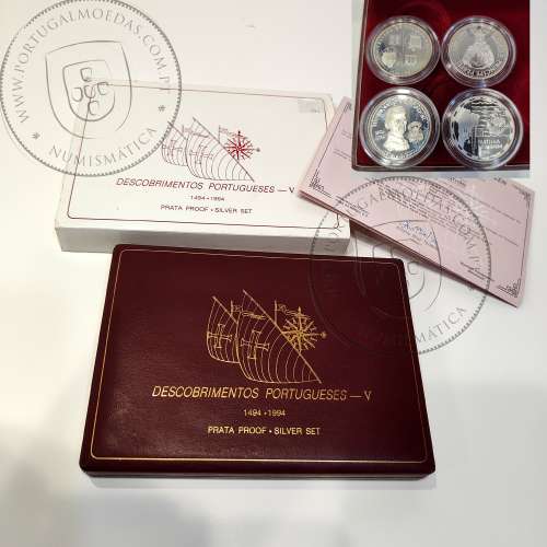 V Série dos descobrimentos em Prata PROOF 1994, 4 moedas 200$00 Prata 925%, "A Partilha do Mundo", World Coins Portugal KM PS20
