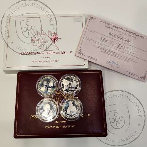 V Série dos descobrimentos em Prata PROOF 1994, 4 moedas 200$00 Prata 925%, "A Partilha do Mundo", World Coins Portugal KM PS20