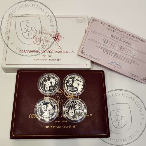 V Série dos descobrimentos em Prata PROOF 1994, 4 moedas 200$00 Prata 925%, "A Partilha do Mundo", World Coins Portugal KM PS20