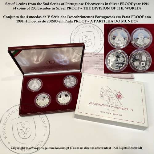 5th Portuguese Discoveries Series in Silver PROOF 1994, 4 coins 200$00 Silver, "The Division of the World", World Coins KM PS20
