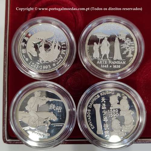 IV Série dos descobrimentos em Prata PROOF 1993, 4 moedas 200$00 Prata 925%, "Chegada ao Japão", World Coins Portugal KM PS16