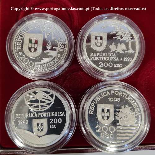 IV Série dos descobrimentos em Prata PROOF 1993, 4 moedas 200$00 Prata 925%, "Chegada ao Japão", World Coins Portugal KM PS16